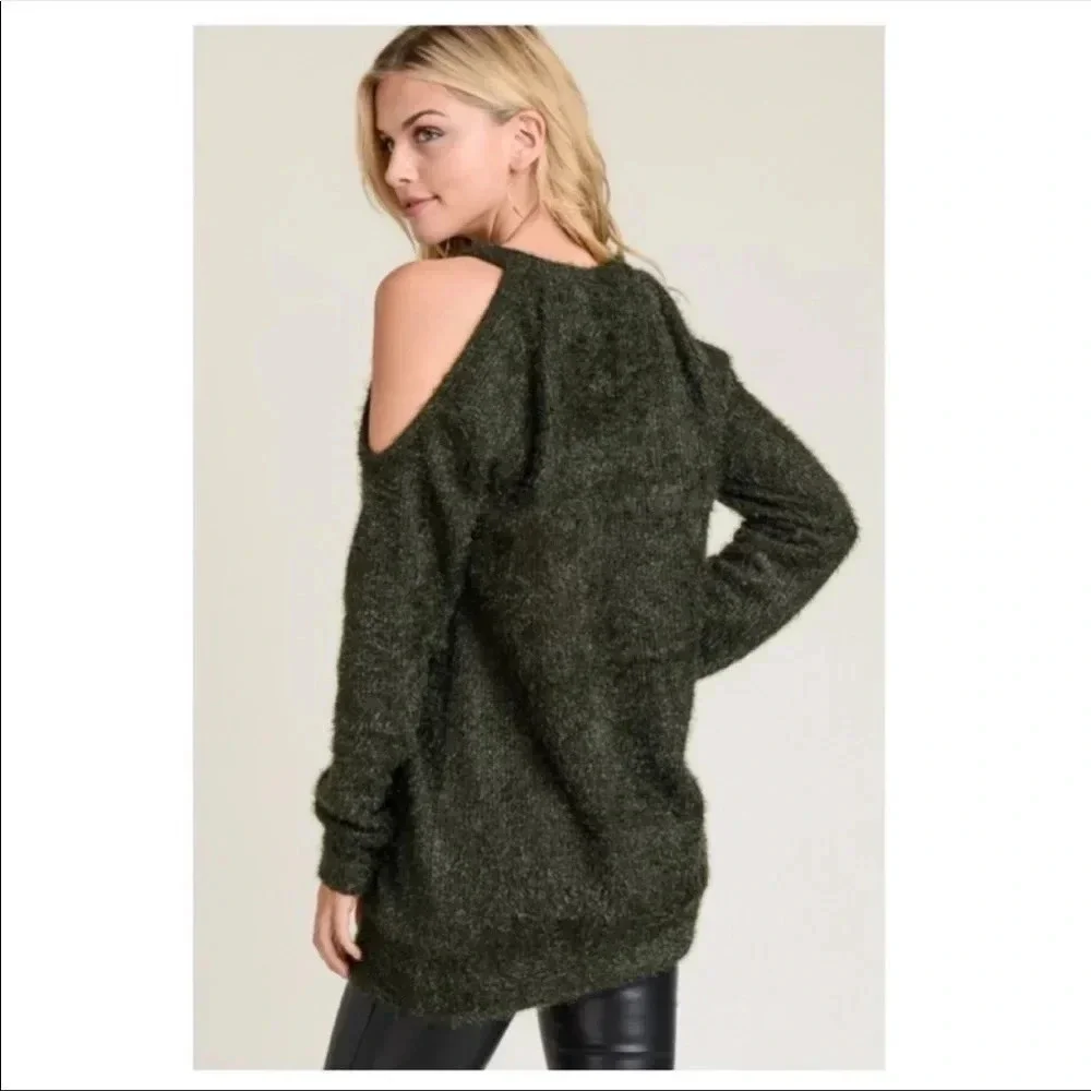 Olive Green Cold Shoulder Sweater | Cozy Fall Knit Pullover Top